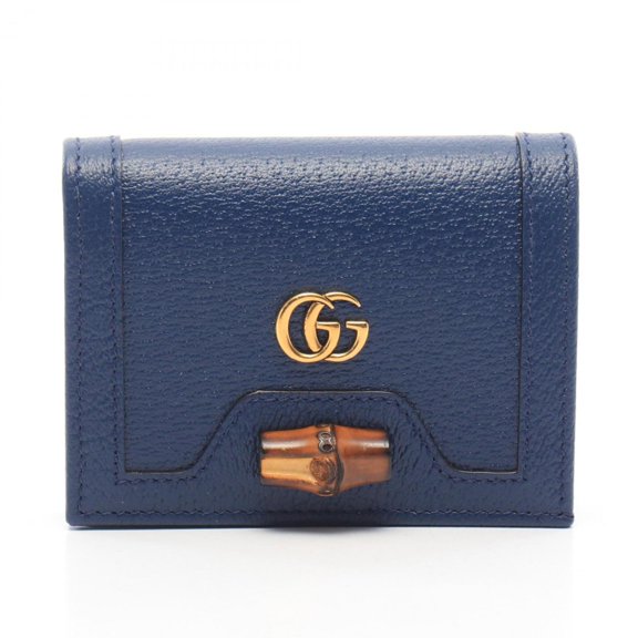 Pre-Owned Gucci Double G Bamboo Bi-fold Wallet, Leather, Women's, Navy, 658244