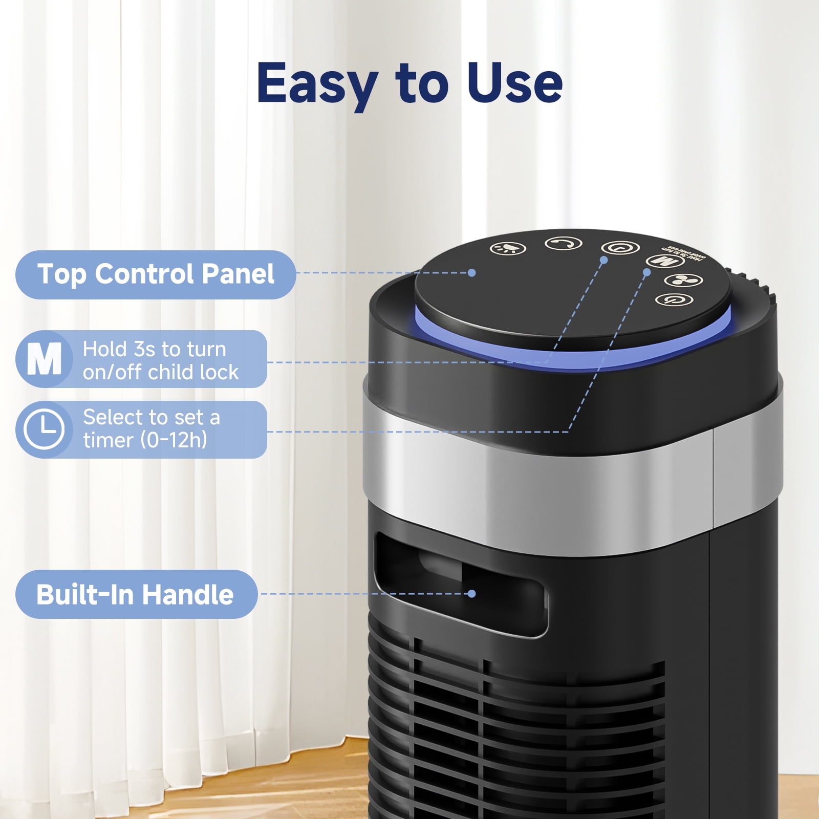SHOUFTW 36 inch Tower Fan with Remote Control, Oscillating Bladeless Floor Fan, 5 Speeds and 4 Modes for Bedroom Home and Office, Black