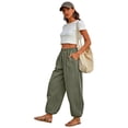 thumbnail image 6 of Nestiefly Womens Cotton Harem Pants Elastic Waist Baggy Pant Drawstring Balloon Trouser Loose Beach Pants with Pockets Green M, 6 of 6