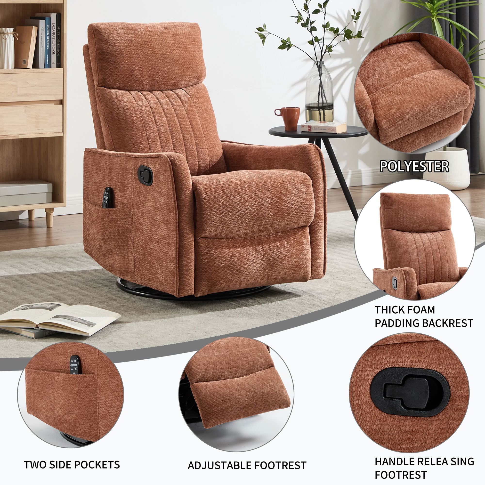 MAYEERTY Chenille Swivel Rocker Recliner Chair, Manual 155° Recline Glider Chair with 8-Point Vibration Massage & Lumbar Heat, for Living Room Nursery Home Office