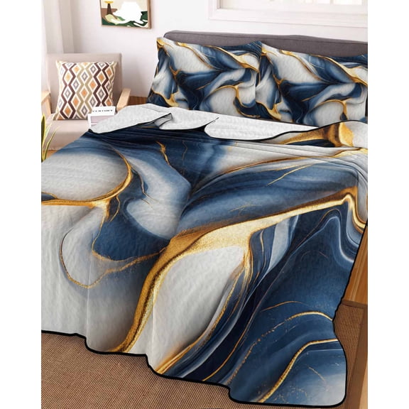 Navy Blue Marble Full Size Down Alternative Comforter, Lightweight Comforter Quilt Bedding Set with Pillow Shams Gold Modern Art All Seasons Bed Comforter Duvet Insert 78"x90"