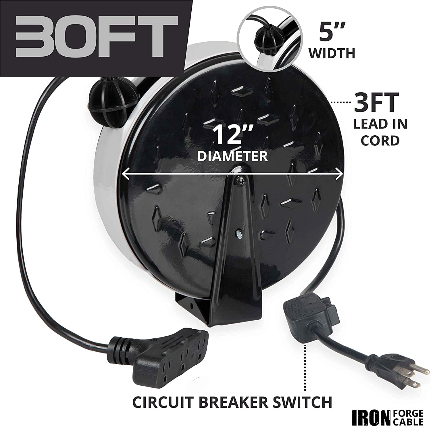 Iron Forge Cable 30Ft Retractable Extension Cord Reel with Breaker Switch & 3 Electrical Power Outlets - 16/3 SJTW Durable Black Cable - Perfect for Hanging from Your Garage Ceiling
