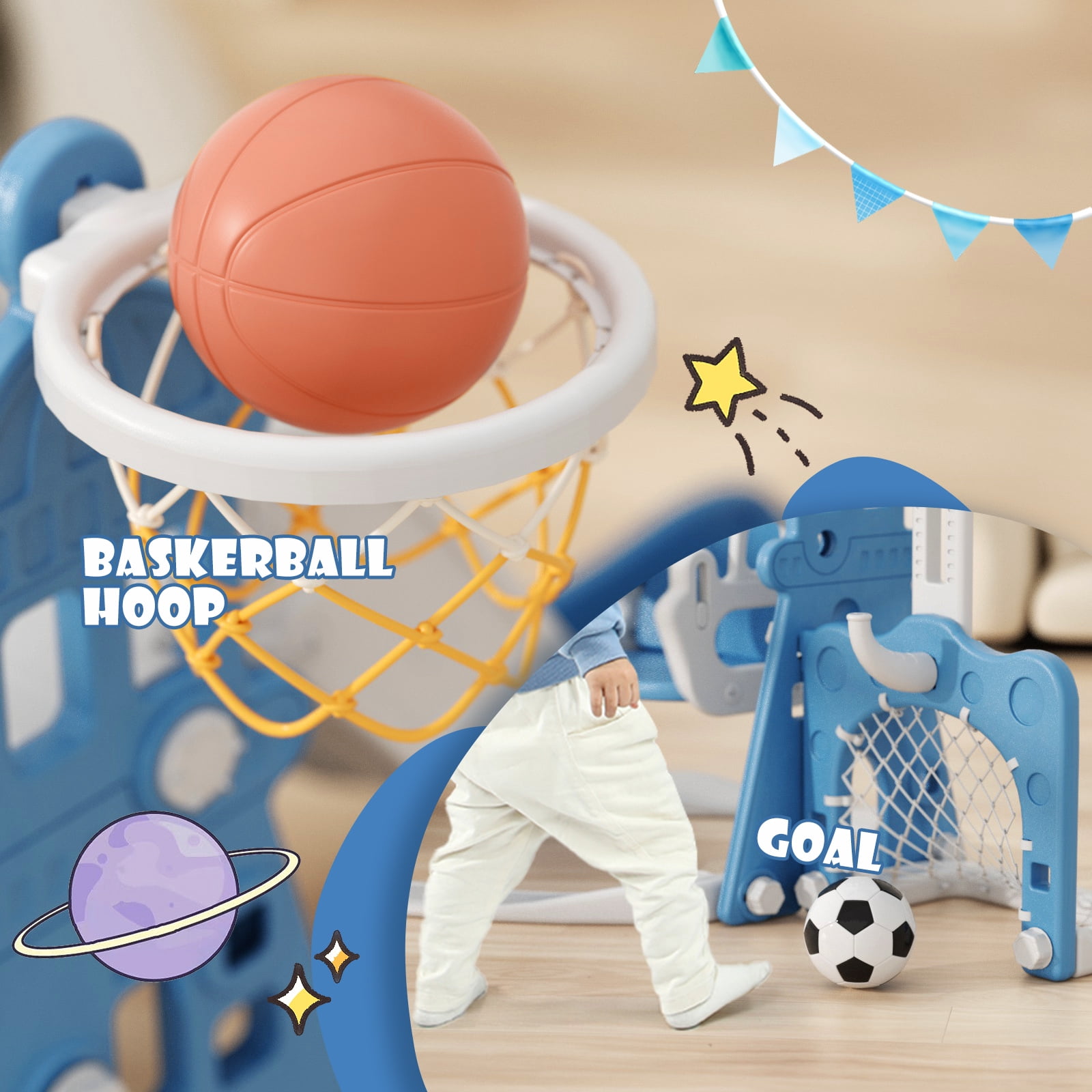 XJD 5 in 1 Kids Slide for Toddlers Age 1-3 Slide and Swing Set Climber for Children Baby Indoor Outdoor, Basketball Hoop, Football Gate, Playsets Playground Sets for Backyards, Blue