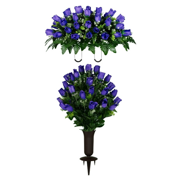 Sympathy Silks Artificial Cemetery Flowers Purple Rose Bud Saddle and 1 Bouquet with Vase