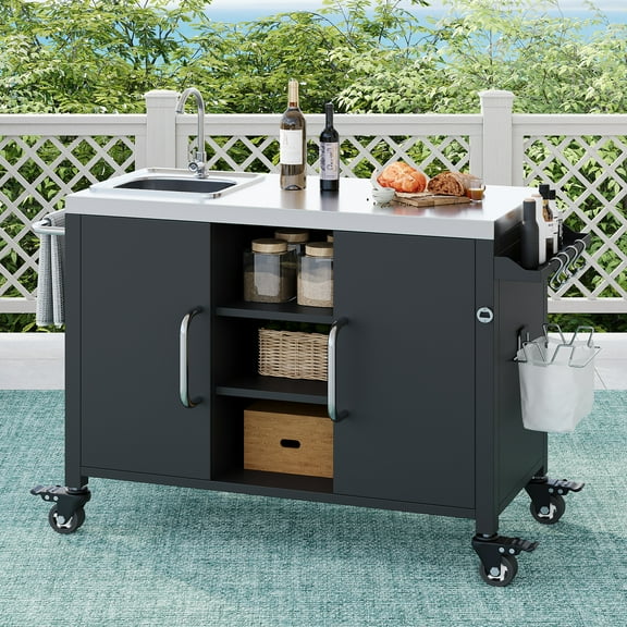 DTTRA 55.5" Outdoor Kitchen Island Grill Cart with Stainless Steel Sink, Black