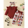 thumbnail image 3 of HWJAD Newborn Infant Baby Girl Clothes Outfits Rib Romper Floral Pants with Headband Fall Winter Clothing Set, 3 of 10