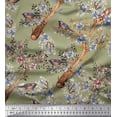 thumbnail image 1 of Soimoi Green polyester Crepe Fabric Blue Floral & American Robin Bird Printed Fabric 1 Yard 52 Inch Wide, 1 of 3