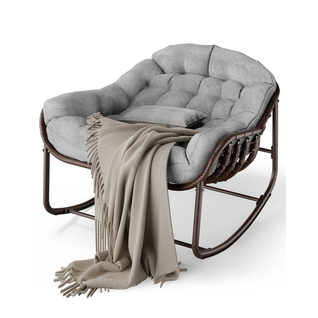 Oversized Outdoor Papasan Rocking Chair, Wicker Rattan Egg Lounge Chair with Durable Metal Frame, Comfortable Seating for Patio, Porch & Backyard