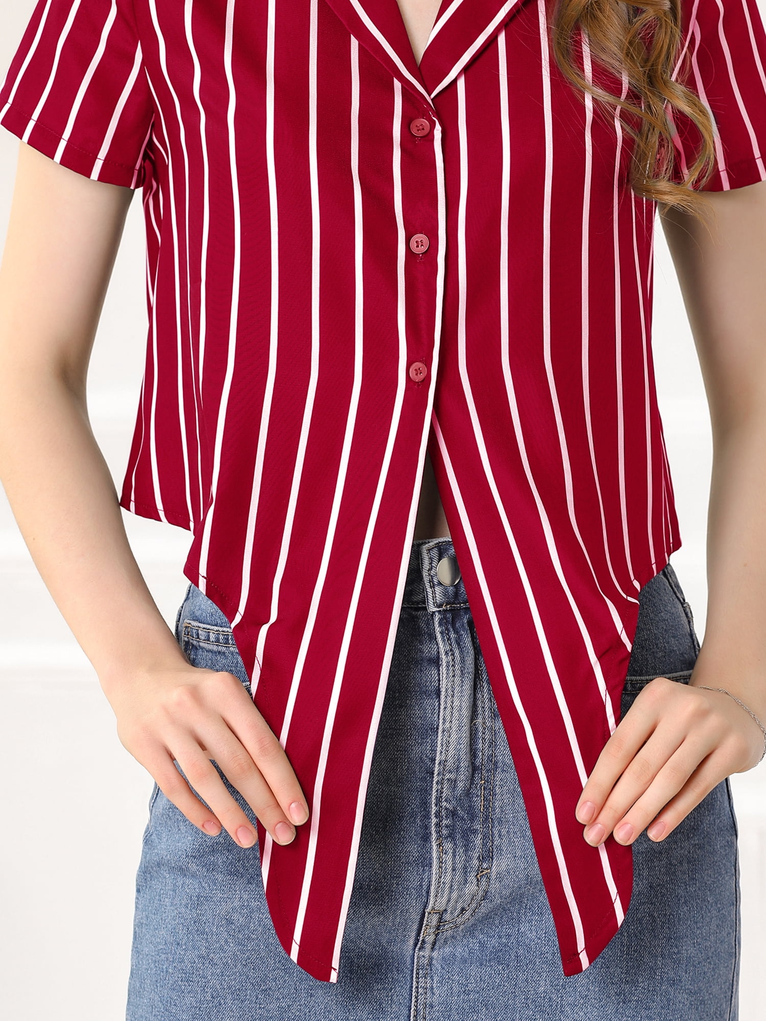INSPIRE CHIC Women's Stripe Button up Short Sleeve Tie Front Short Shirts S Red