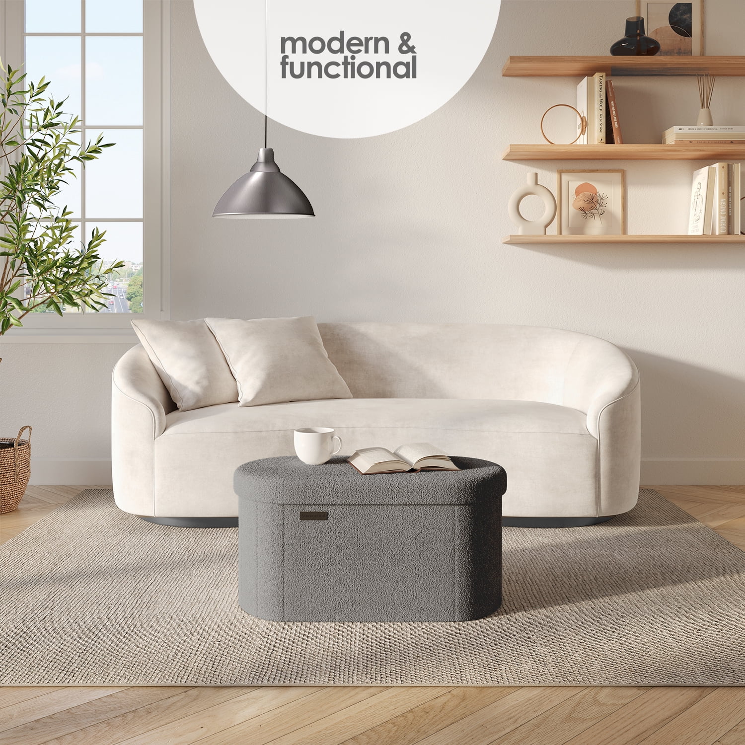 Hearth & Harbor Oval Storage Ottoman Bench, Boucle 30" Ottoman with Storage , Grey