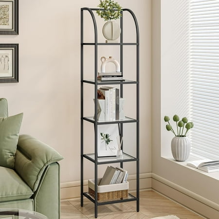 5 Tier Tempered Glass Arched Bookshelf with Steel Frame Black 11.8"D x 13.7"W x 59"H