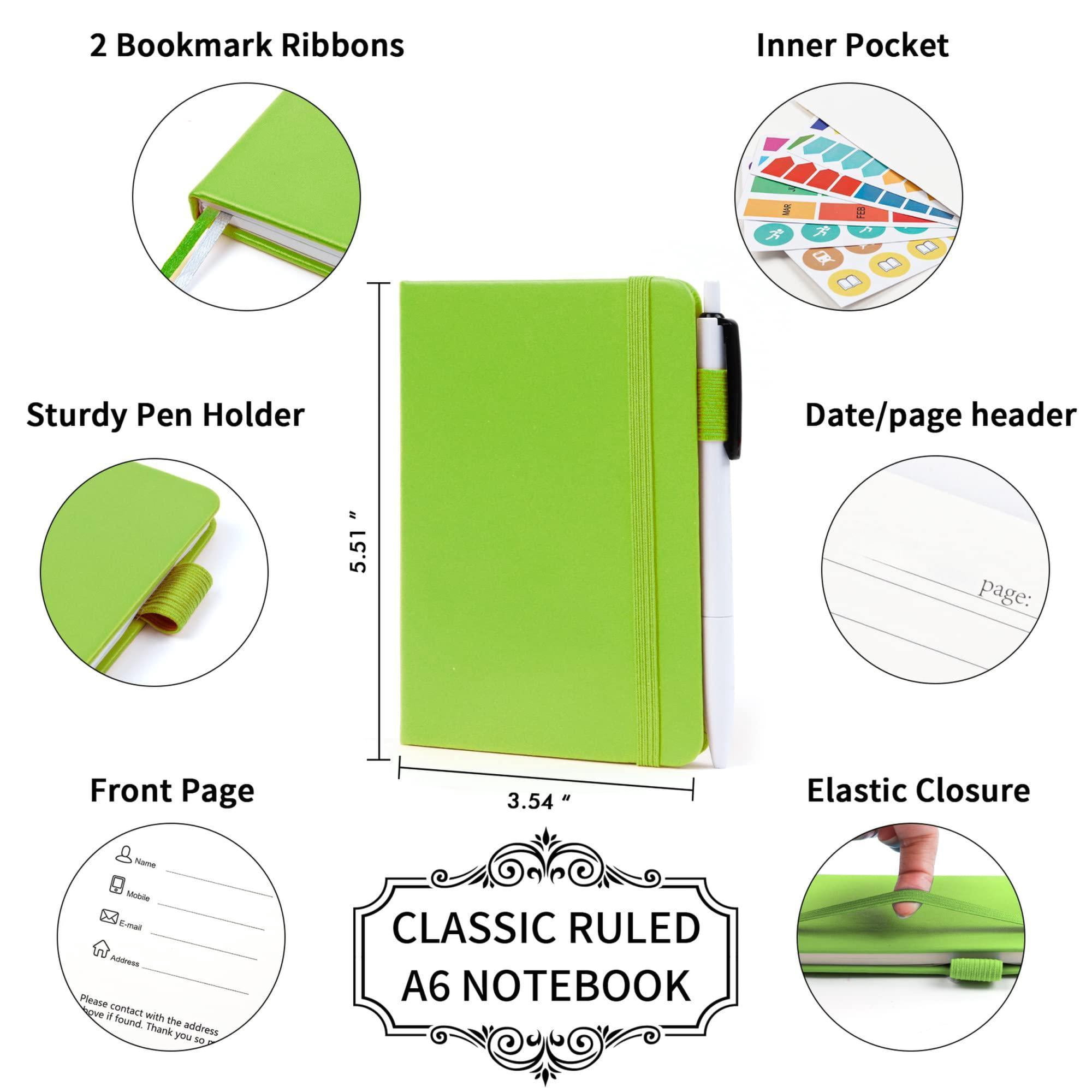 3 Pack Pocket Small Notebook Journals  Mini Cute Memo Notepad Hardcover College Ruled Lined With Pen Holder For Women Office School 3 Black Pens 3.5"x 5.5" A6 Green