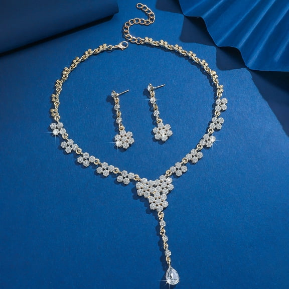 Faty-T Crystal Bridal Bridesmaid Jewelry Set, Elegant Flower Cluster Water Drop Statement Necklace Dangle Earrings Set for Women