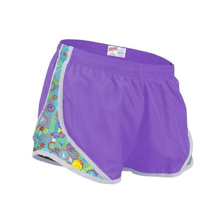 Side Mesh Insert - Girls Shorts with Printed Mesh Side Inserts, Grape & Turquoise Glitter Peace - Large