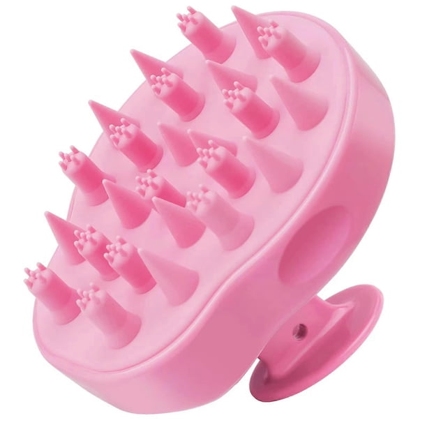 Cepillo masajeador del cuero cabelludo con cerdas de silicona dobles para una limpieza profunda y el crecimiento del cabello, color rosa.