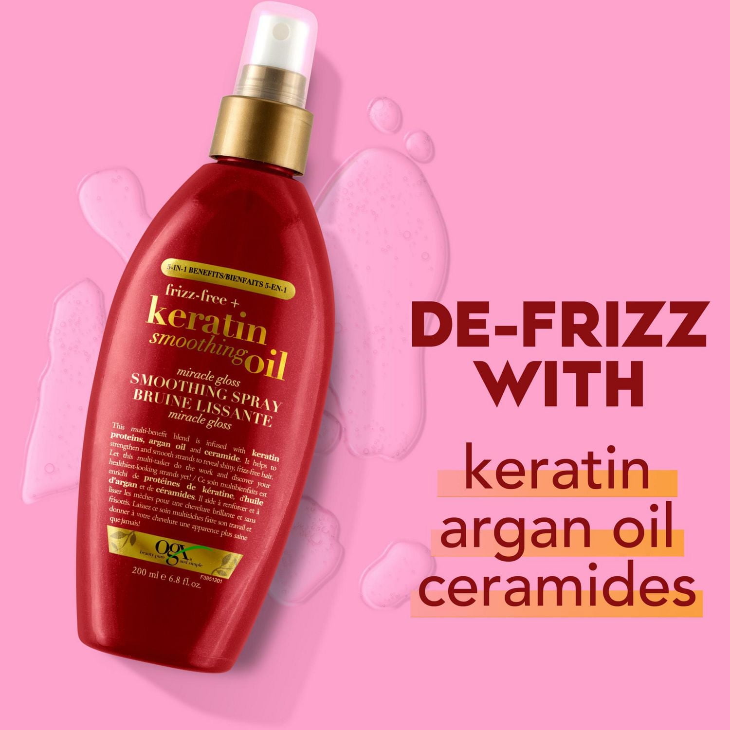 Bruine lissante OGX Frizz-Free + Keratin Smoothing Oil Miracle Gloss, 5-en-1, antifrisottis, cheveux lustrés, kératine, huile d'argan
