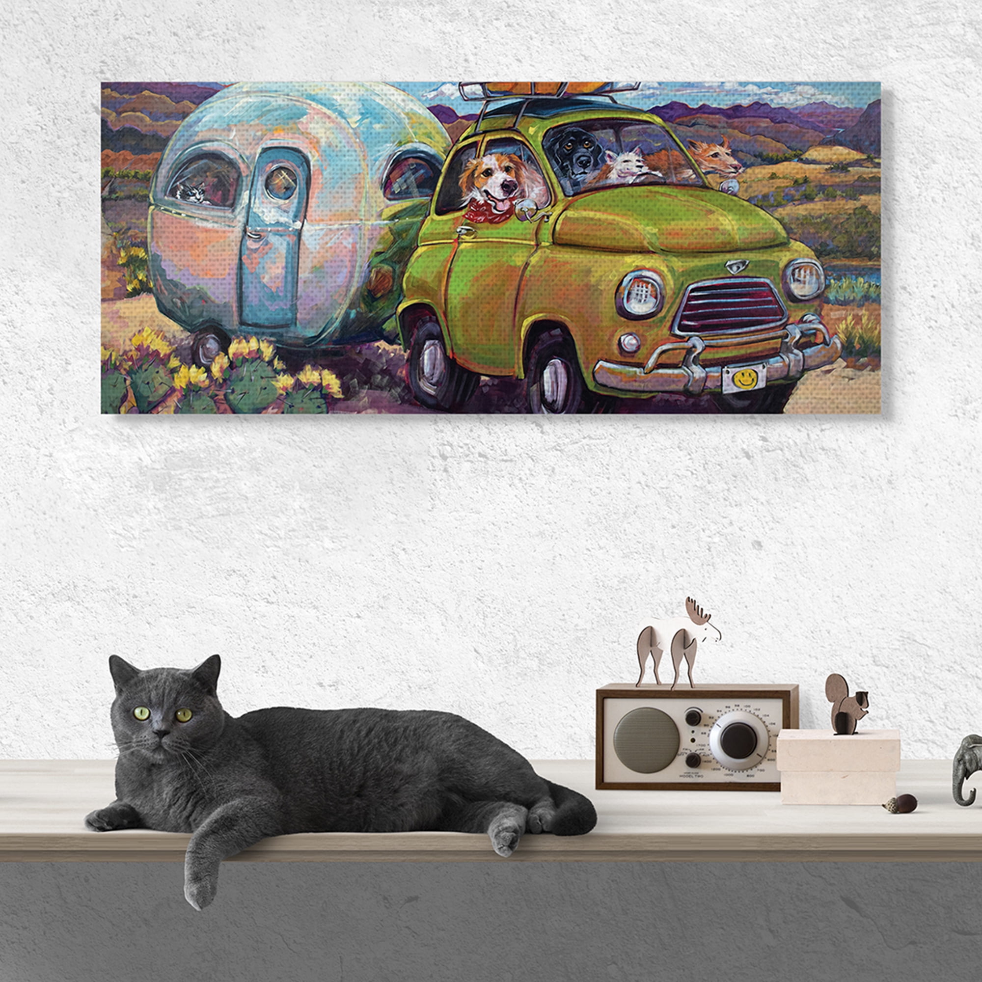 Stupell Industries Dogs Driving Camper Western Desert Adventure Animals & Insects Painting Gallery Wrapped Canvas Art Print Wall Art, 17 x 40