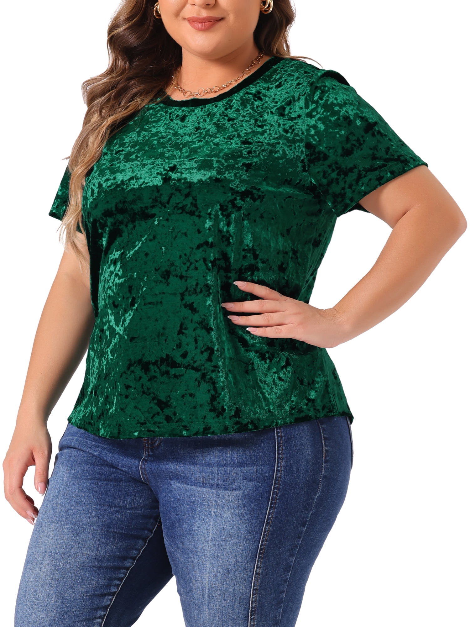 DARING DIVA Women's Plus Crew Neck Short Sleeve Tee Tops Velvet T-Shirt 1X Dark Green