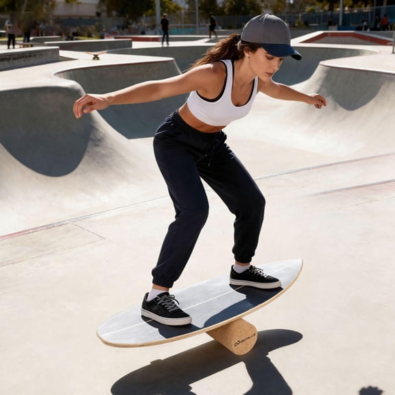 Wooden Balance Board with Cork Roller and Storage Rack for Exercise