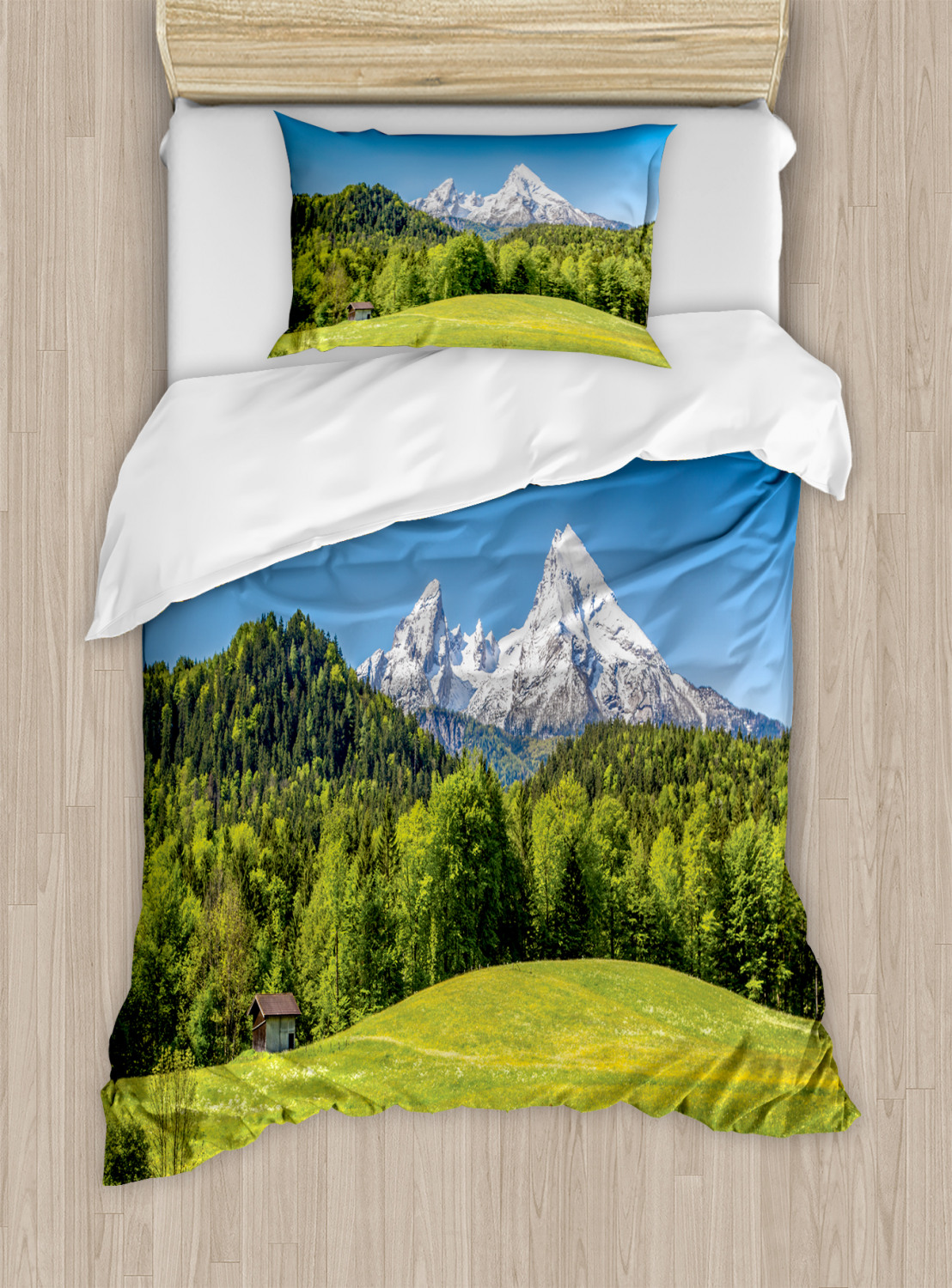 Germany Twin Size Duvet Cover Set, Bavarian Alps Village of