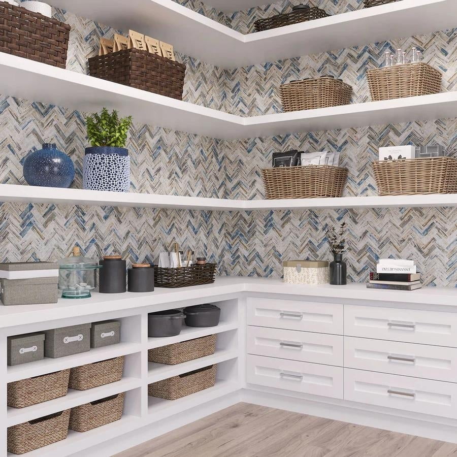 Apollo Tile   10 pack 11-in x 12.6-in Blue Beige Matte Finished Recycled Glass Herringbone Mosaic Tile (9.63 Sq ft/case)