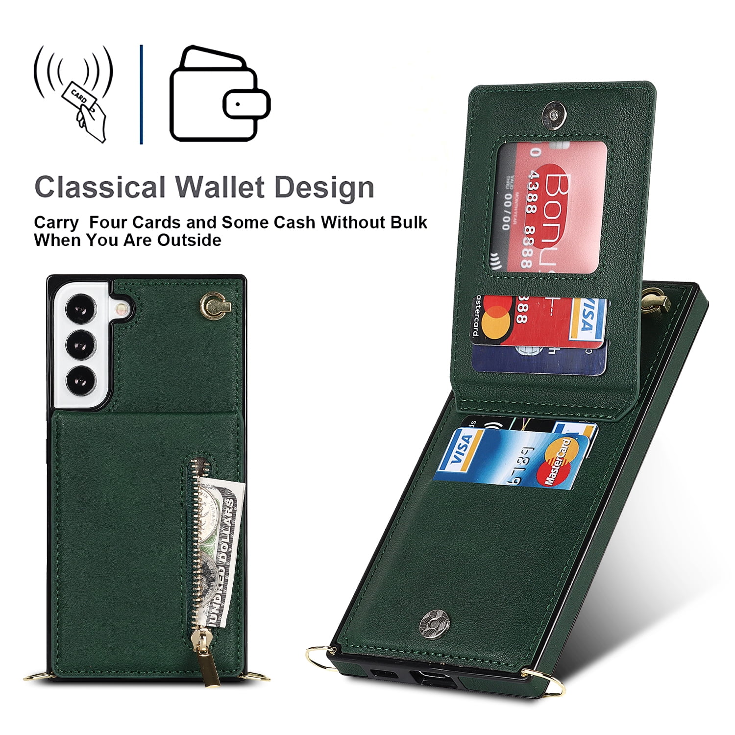 Dteck Flip Leather Wallet Case for Samsung Galaxy S24 Plus, Crossbody Wallet Case with Credit Card Holder Zipper Pocket Lanyard Shoulder Strap, Kickstand Phone Cover for Samsung S24 Plus,Green