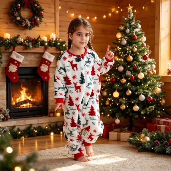 Girls Christmas Fleece One‑Piece Loungewear, Holiday Tree & Reindeer Print Zip‑Up Jumpsuit for Seasonal Home Wear(White,2-3 Years)