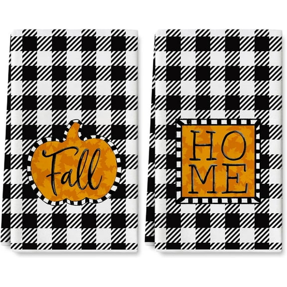 Fall Kitchen Dish Towel 18 x 26 Inch Buffalo Plaids Autumn Pumpkin Home Dishcloth Rustic Farmhouse Decorative Hand Drying Tea Towel for Thanksgiving Harvest Cooking Baking Cleaning, 2Pcs