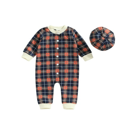 

LSFYSZD Baby 2Pcs Fall Outfits Long Sleeve Plaid Print Button Down Jumpsuit + Beanie Hat Set