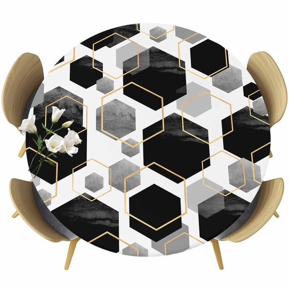 Black Grey Fitted Tablecloth with Elastic Edged, Round Table Cloth for Dining Table, Geometric Gold White Hexagon Modern Waterproof Oil Proof Table Cover for Indoor Outdoor 45"-54"