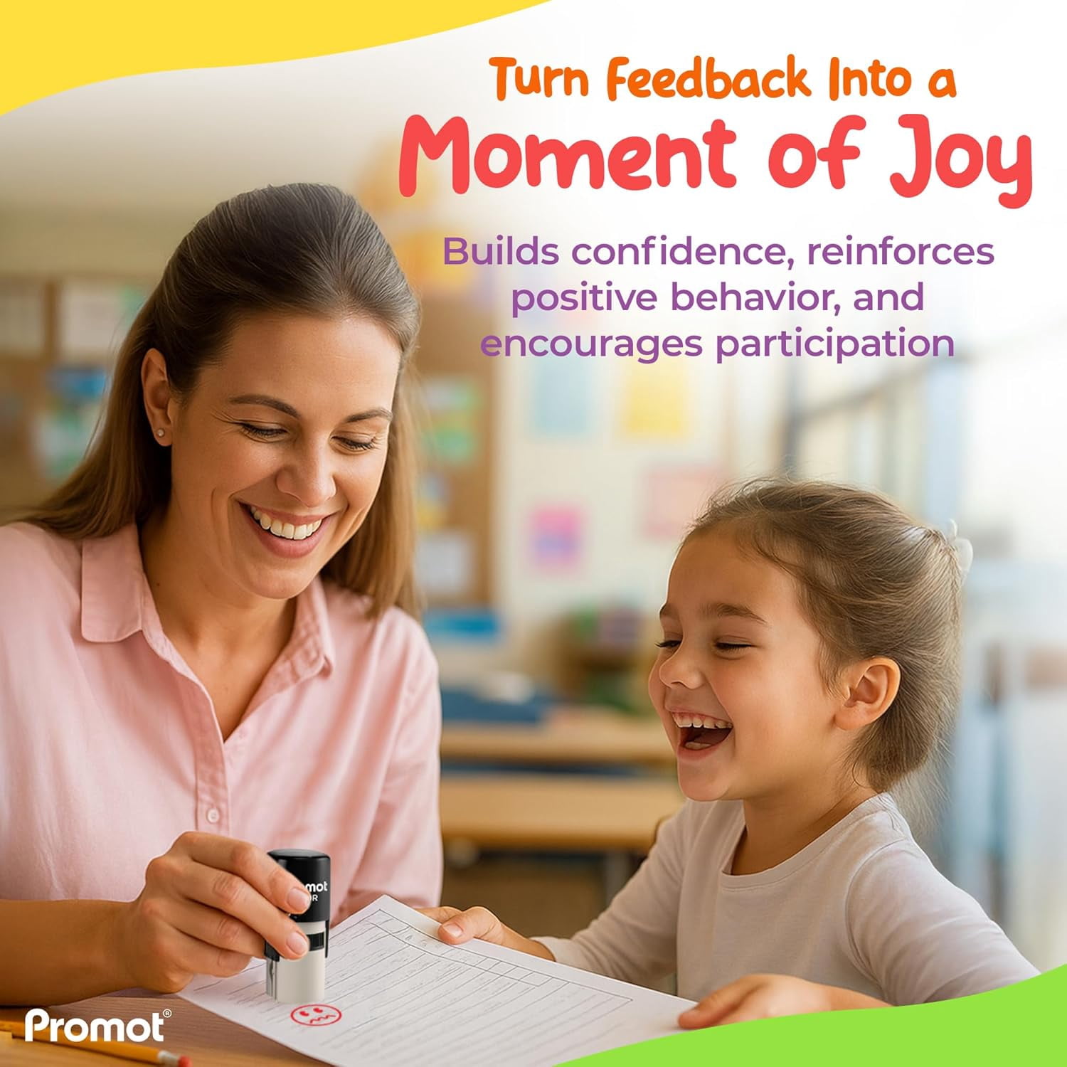 Promot Round Teacher Self-Inking Stamp for Grading & Feedback (Smiley Squiggly Mouth Red)