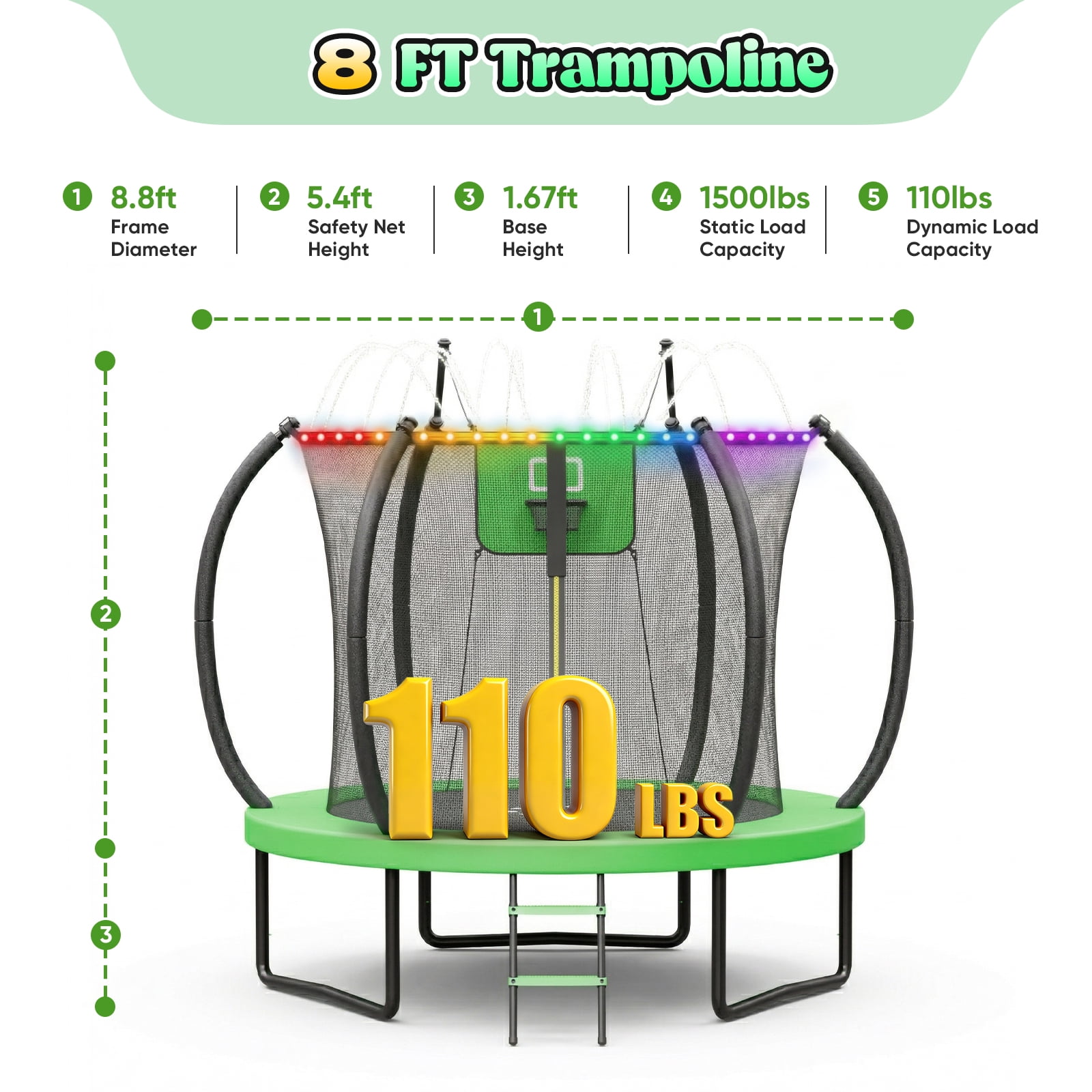 Outdoor Trampoline,Fashionsport Outfitters 8FT Round Jumping Trampoline with Ladder,String light,Sprinkler,Basketball Hoop Board,Recreational Backyard Trampolines Anti-Rust for Kids Gift