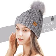 REDESS Women Winter Pompom Beanie Hat with Warm Fleece Lined, Thick Slouchy Knit Skull Ski Cap-Grey