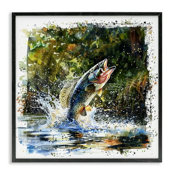 Stupell Industries Splashing Lake Bass Animals Painting Black Framed Art Print Wall Art, 12 x 12