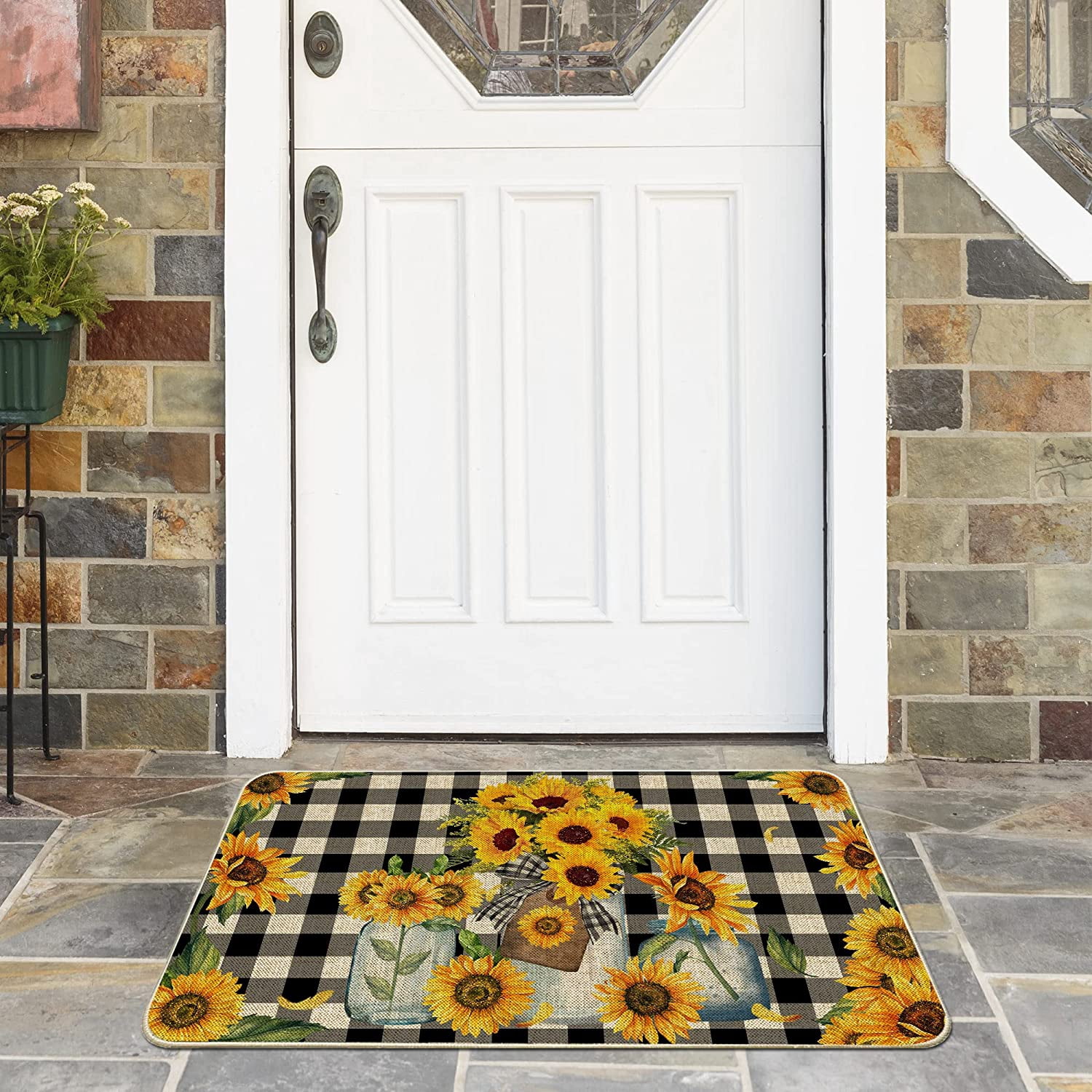 Hexagram Sunflower Door Mats 17x30 Inch, Sunflower Welcome Mats Outdoor, Farmhouse Buffalo Plaid Doormats for Front Door Decorations, Decorative Spring Summer Decor for Home