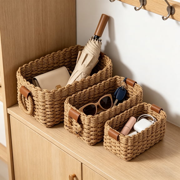 Woven Rope Storage Basket, Paper Rope Organizer Basket Set of 3, Decorative Rattan Wicker Basket with Handles for Home, Bathroom, Bedroom, Kitchen and Office