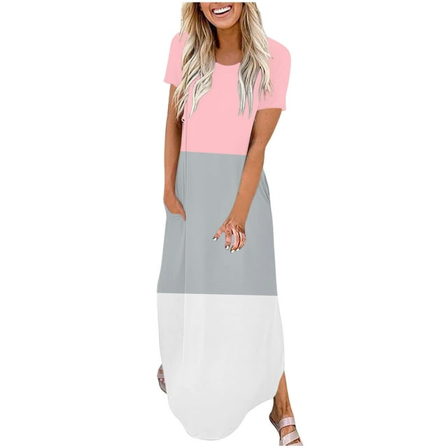 Ventes de Liquidation Aujourd'hui Offres Iumwxz Robe à Manches Courtes Col Rond pour Femme Tunique Décontractée Robe Maxi Ample Robe Graphique à Blocs de Couleur Robe Formelle pour Femmes Robe Douce et Confortable pour Cadeaux de Vacances