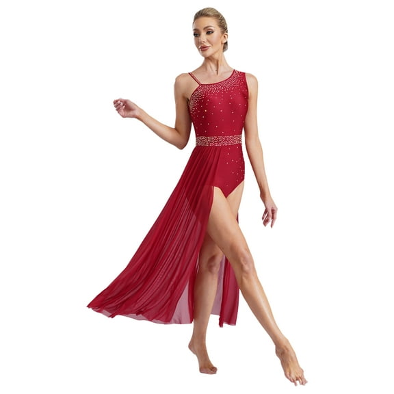 Kaerm Womens Sleeveless Lyrical Dance Dress Glittery Asymmetrical Shoulder Split Dress Modern Dancewear Burgundy S