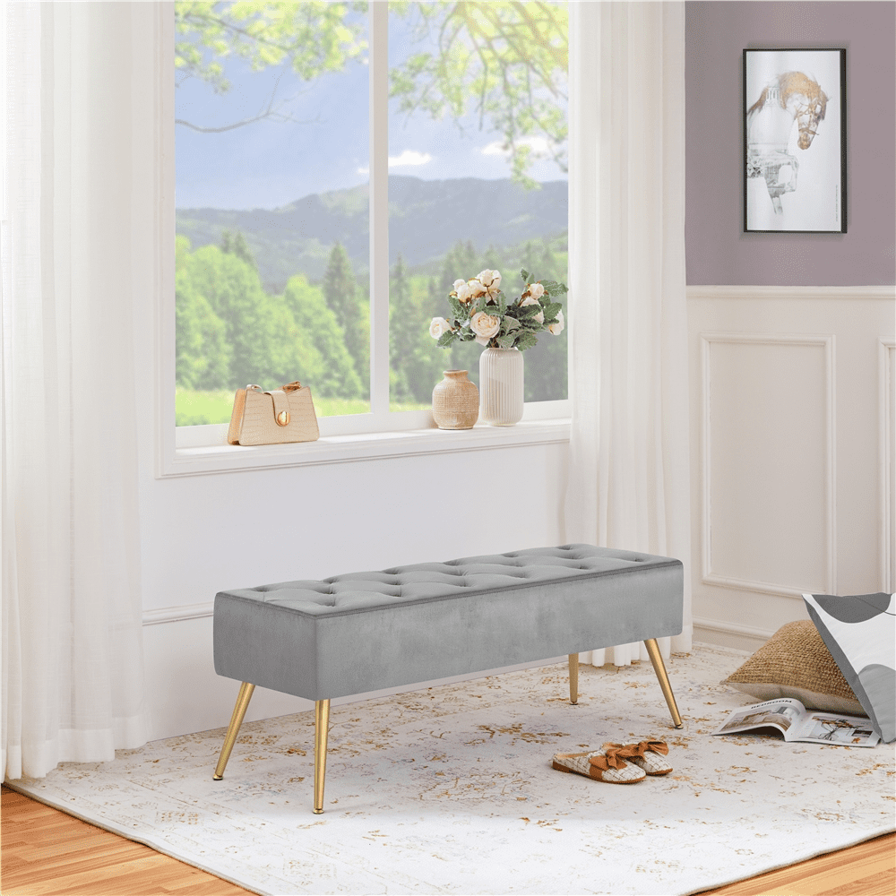 Yaheetech Modern Velvet Bench Upholstered Ottoman Footrest Stool Button Tufted with Gold Metal Legs, Gray
