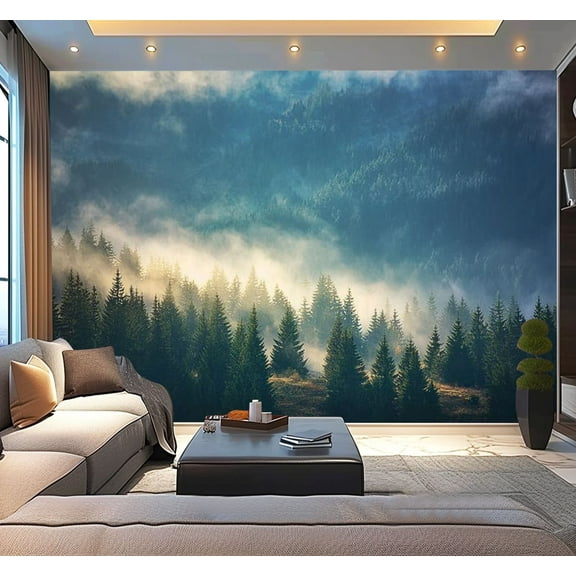 Peel and Stick Wallpaper Waterproof View misty fog mountains autumn Wall Mural Decor Self Adhesive and Removable 100in x 144in