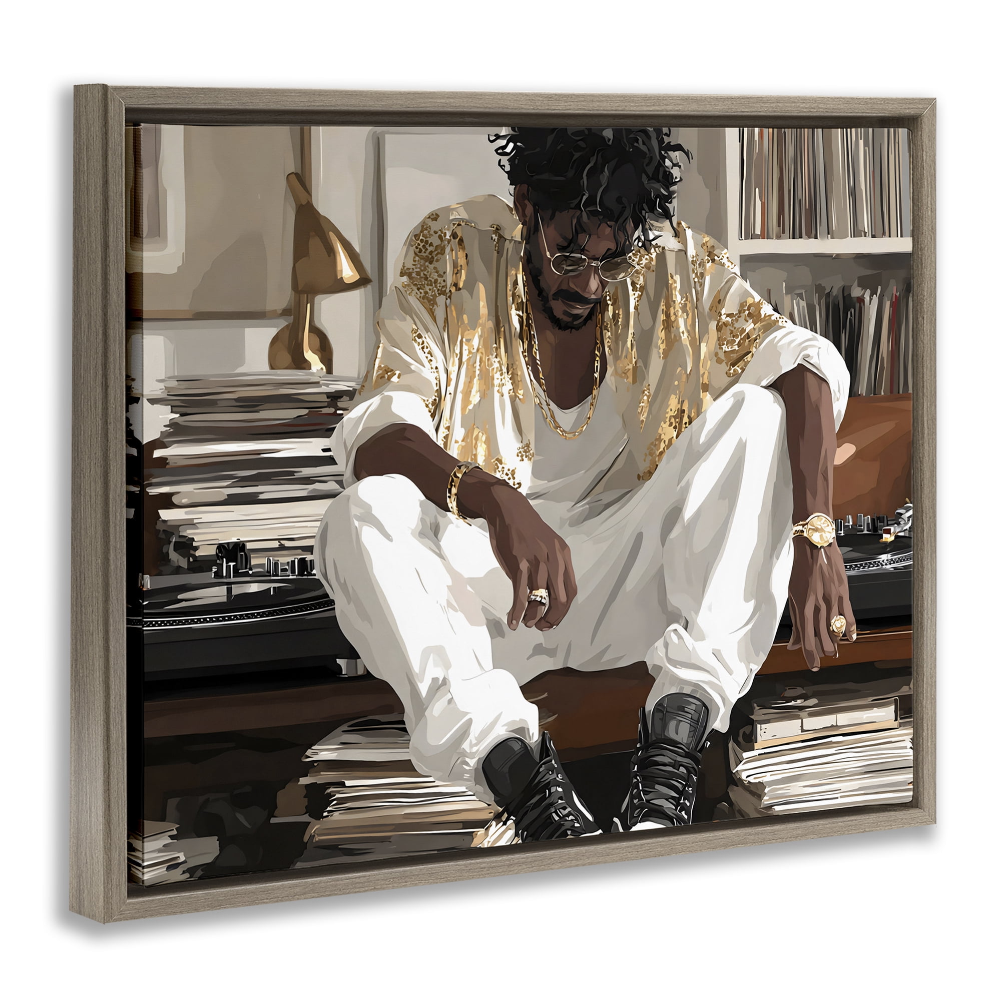 Stupell Industries DJ with Record Collection Brown Framed Floater Canvas Wall Art, design by Franklyn Gregory