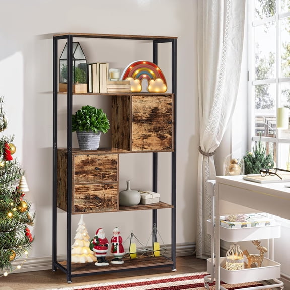 VECELO 5-Tier Bookshelf with Cabinet & Drawer, Industrial Wooden Bookcase Display Rack, Rustic Brown