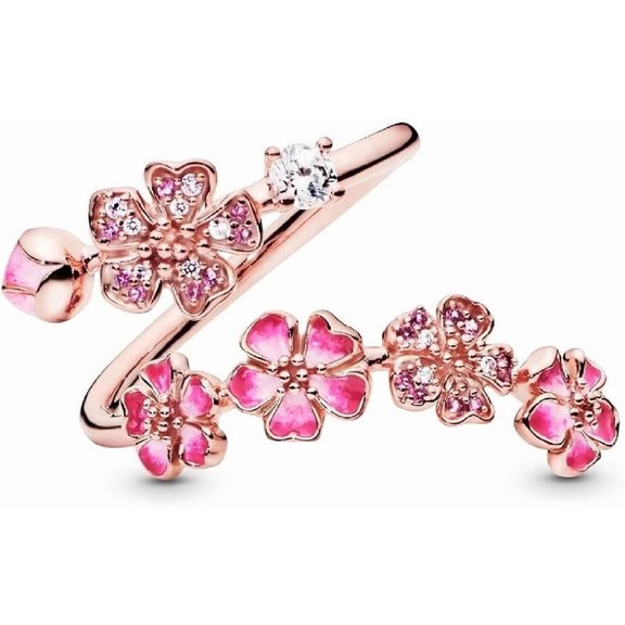 Peach Blossom Ring, Rose Gold Plated Cubic Zirconia Adjustable Open Band Floral Jewelry Gifts for Women(wxx)