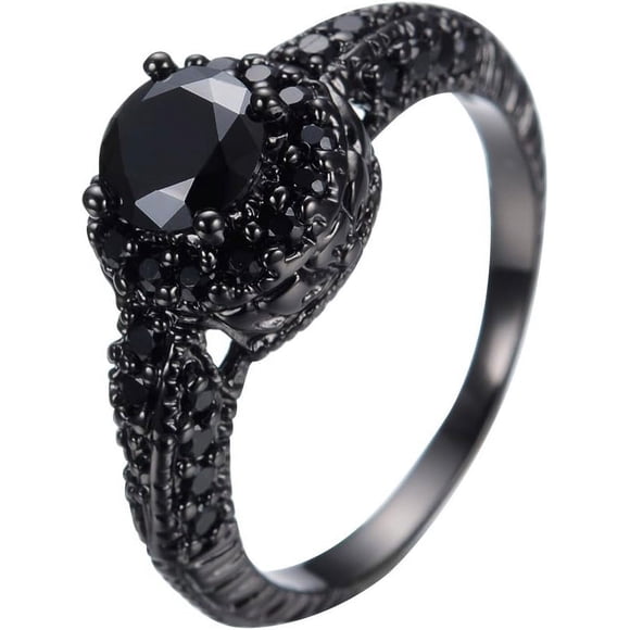 LAICAIW 10KT Black Gold Ring 8MM Round Cut Diamond Halo Black Stone Rings Onyx Size6/7/8/9/10