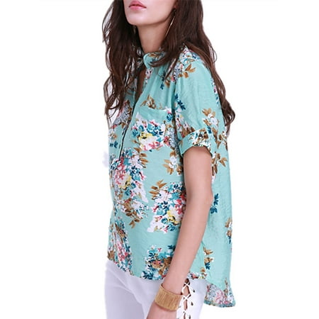 - Women's Short Sleeve Floral Print Irregular Hem Beach Blouses