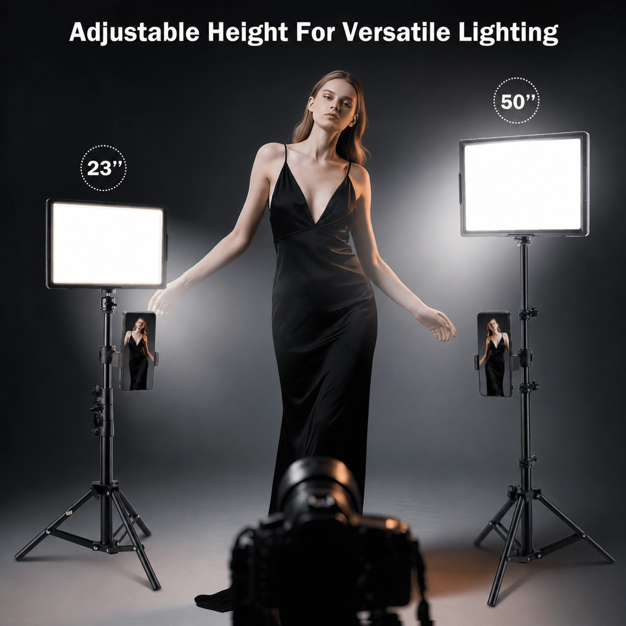 TIKBBRMG 15W Studio Selife Light with 50" Tripod Stand and Phone Holders,  2 Pack 12'' LED Video Light Kit Phone Light, 2800-6500K, Photography Lighting for Video Recording, Game Streaming