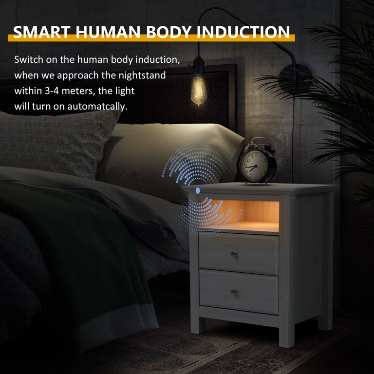 Hommpa LED Nightstand 2 Drawer Modern Bedside Table 3 Color Led Light  Magnetic Auto Wireless Infrared Sensing Adjustable Brightness Gray Smart  Night Stand with Metal Frame Side Table for Bedroom 
