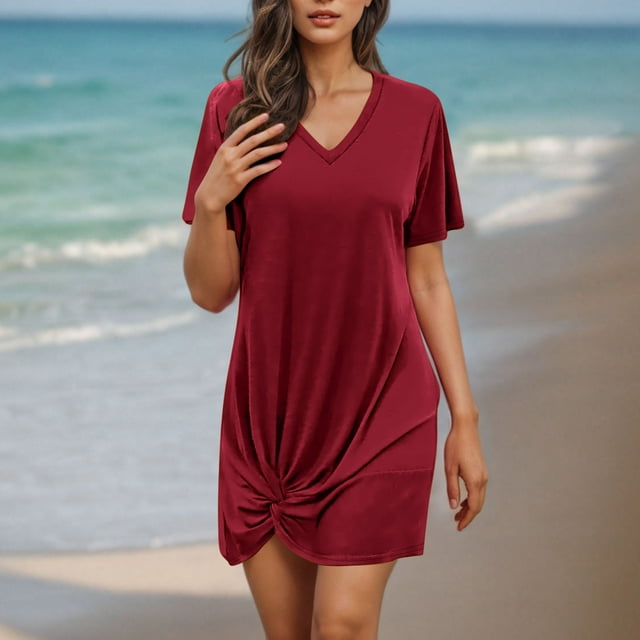 Traje de baño de bikini informal de color liso con escote en V y manga corta con trenzado lateral para mujer, camisa de playa de poliéster para mujer