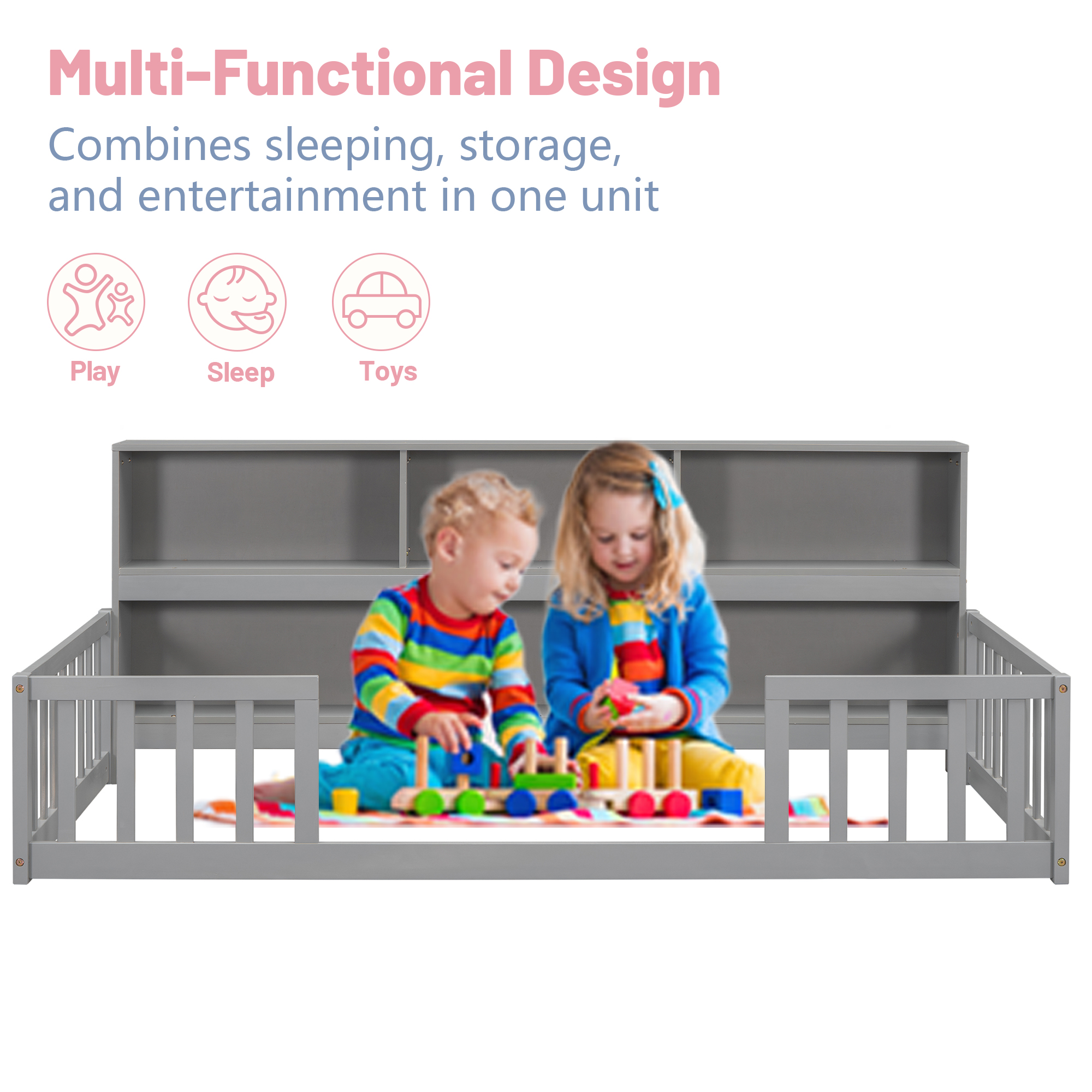 Full Floor Bed with Bookcase and Shelves, Wood Montessori Floor Bed Frame with Guardrails for Boys, Girls, Grey