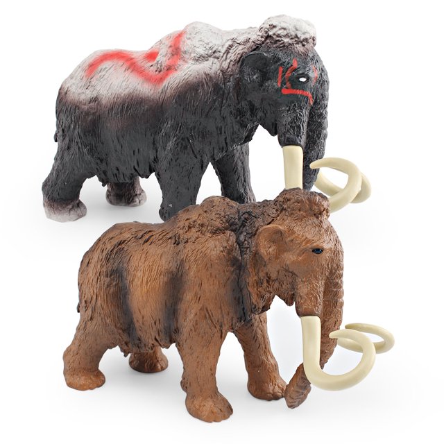 set de figuritas realistic mamut pvc prehistoric animal x2 juego de 2 mamuts de PVC, vista frontal 3/4 con dos figuras de 20 cm: mamut marrón claro y mamut marrón oscuro con pelaje texturizado, colmillos curvos crema y pintura roja en uno; fondo blanco, aptas como juguetes educativos o decorativas para habitación infantil.